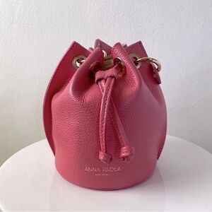 ANNA PAOLA ITALIAN LEATHER BUCKET BAG CROSSBODY CHAIN Coral Pink Gold